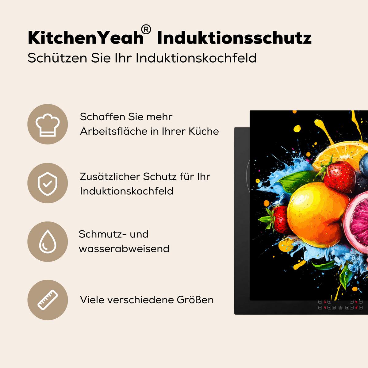 HERDABDECKPLATTE Obst - Graffiti - Bunt - Orange - Erdbeere - Abstrakt Induktionsschutz 81.6x52.7 cm - Orange, Kunststoff (81.6/52.7/0.2cm) - MuchoWow