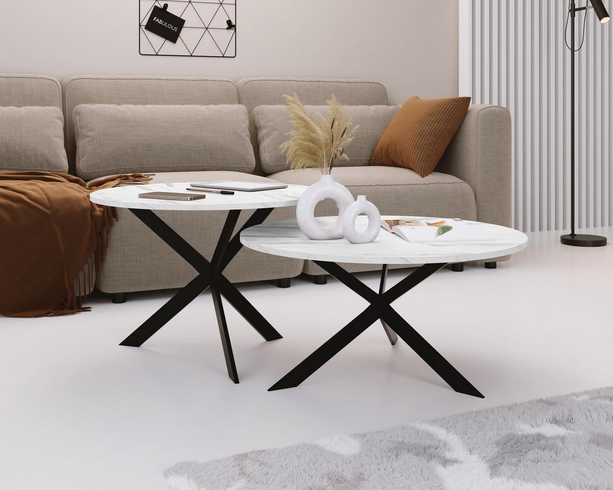 COUCHTISCH-SET Lev 2er-Set rund, Marmor Weiß 75/36, 58/42 - Ecru/Schwarz, Holzwerkstoff/Metall (75/75/42cm) - WFL GROUP