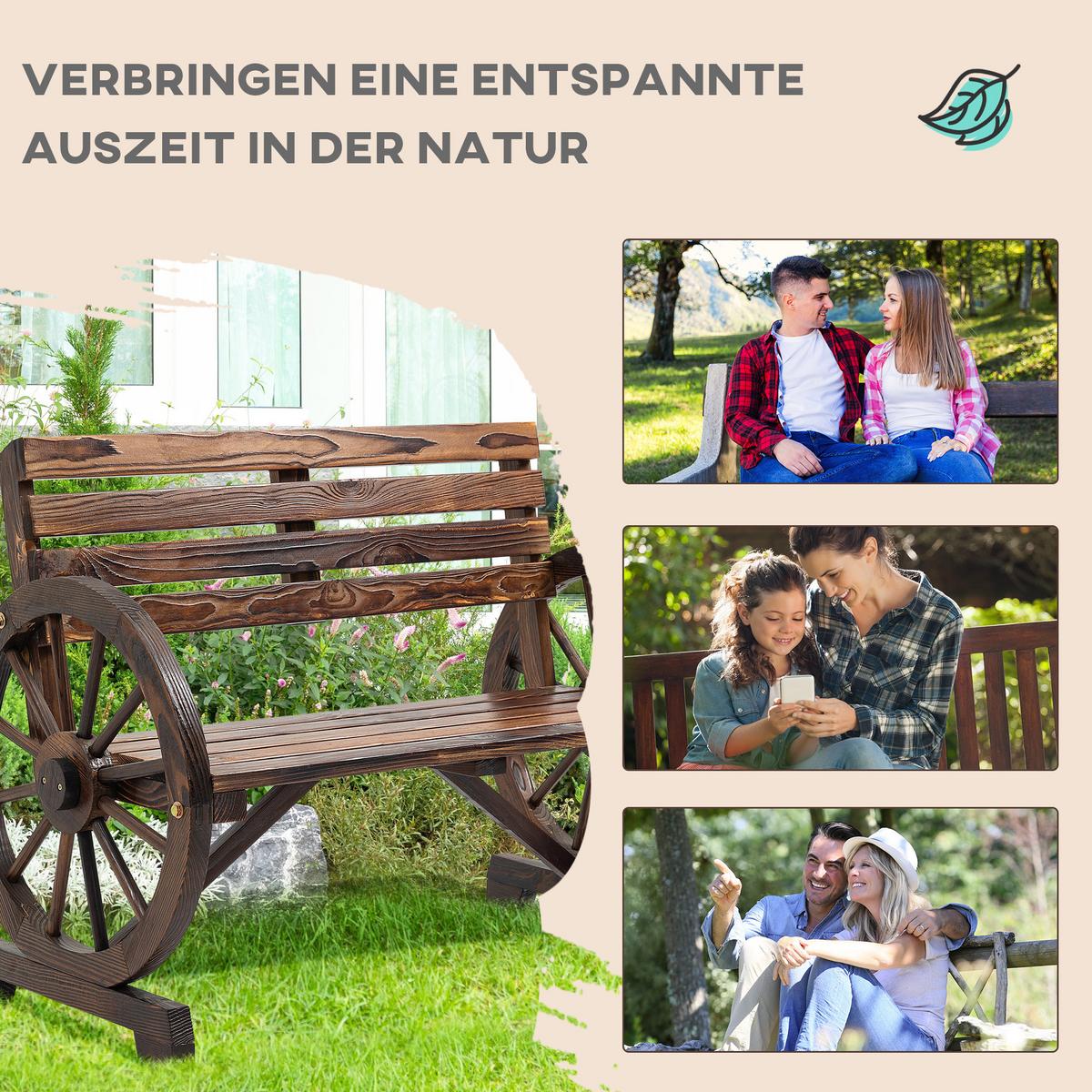 2ER-GARTENBANK Sitzbank Wagenrad-Design rustikale Holzbank für 2 Personen - Braun, Holz (56/79/105.5cm) - Outsunny