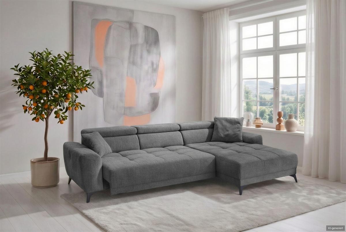 ECKSOFA mit elektrischer Sitztiefenverstellung, Kopflehnen verstellbar, USB-A und USB-C Ladefunktion B299/T200/H107 cm, Chenille Dunkelgrau / 15421 - Dunkelgrau/Schwarz, Holzwerkstoff/Textil (299/200cm) - luma-home