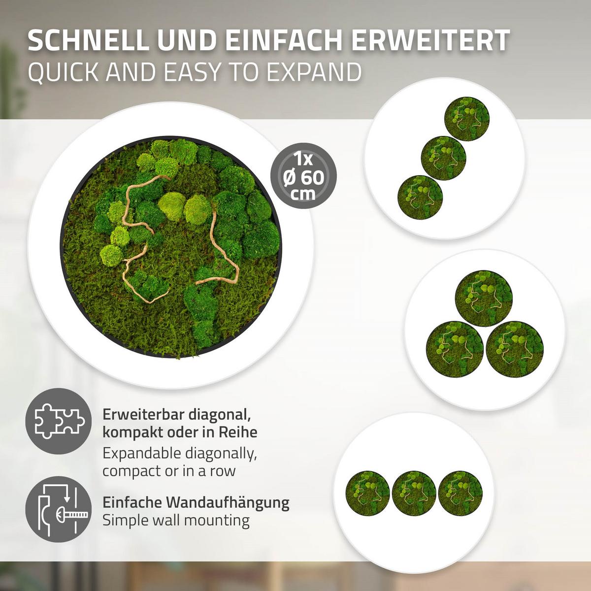 MOOSBILD Rund Ø 60 cm Mooswand Indoor mit echtem Kugelmoos-Flachmoos-Mix und Ästen Holzrahmen Grün - Grün, Naturmaterialien (60/60/3cm) - ECD-Germany