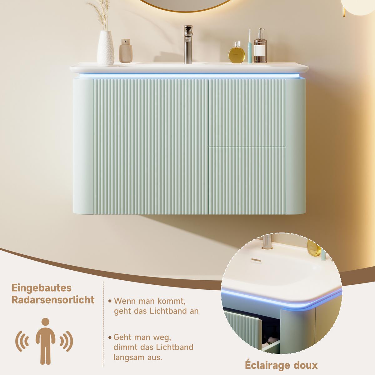 WASCHTISCHUNTERSCHRANK Grün Wandhängend mit LED-Sensor & 4 Schubladen - Grün, Holzwerkstoff (80.5/51/47.05cm) - Urban Meuble