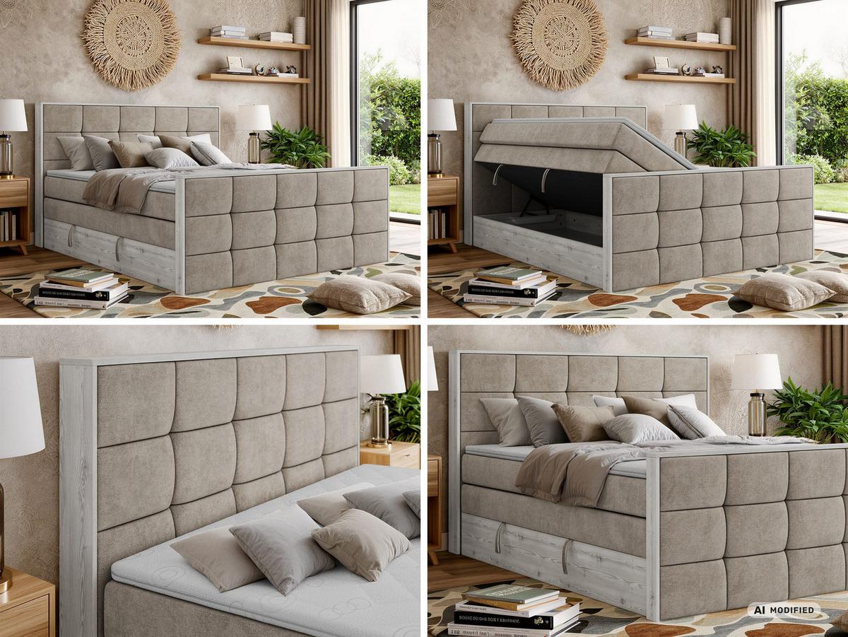 BOXSPRINGBETT ALNOR KING DUO 140/200 - Greige Stukture - Topper Visco - H3 - Greige/Schwarz, Kunststoff/Textil (140/200cm) - MKS