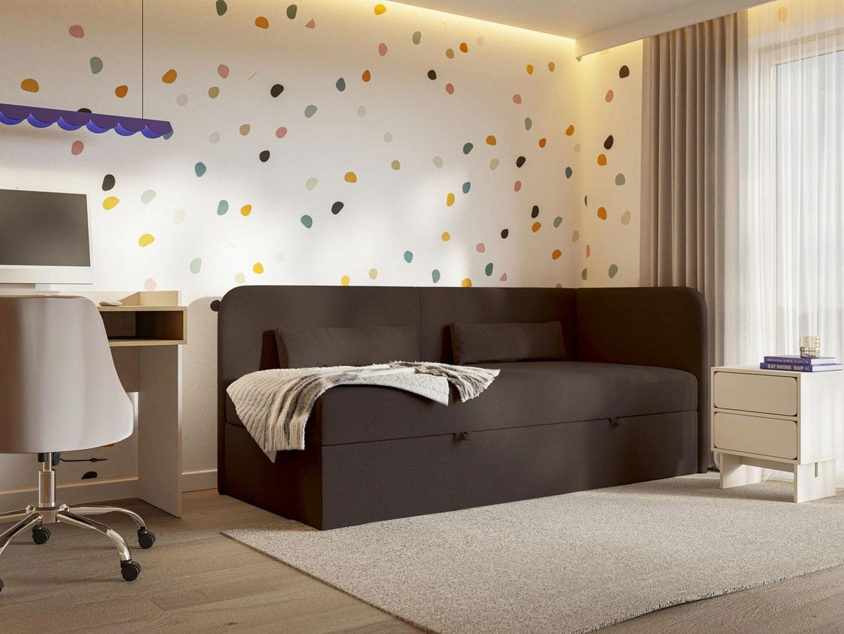 JUGENDBETT Calmmo Dunkelbraun mit Chenille-Bezug, Kopfteil rechts - Dunkelbraun, Textil (90/200cm) - Selsey