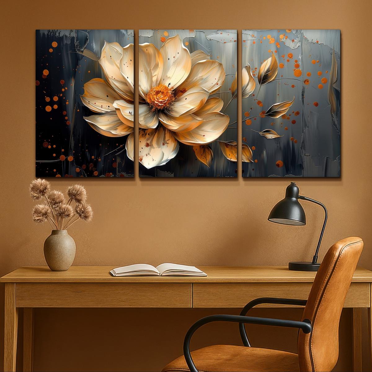 LEINWANDBILD 3er Set Blume - Gold - Abstrakt - Farbe 120x60 cm - Creme, Textil (120/60cm) - MuchoWow