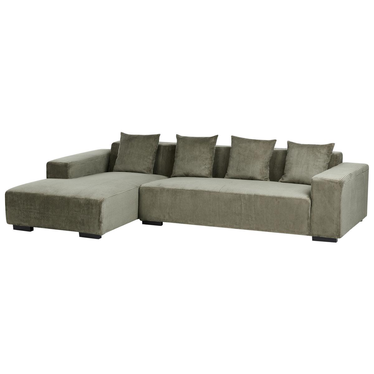 ECKSOFA 4-Sitzer Cord Grün mit Ottomane rechtsseitig Lungo - Schwarz/Grün, Textil (285/160cm) - Beliani