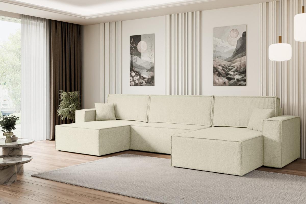 WOHNLANDSCHAFT mit Schlaffunktion und Bettkasten CELTIC-XLU - 377x143x83 cm Beige Bouclé - Beige/Schwarz, Holzwerkstoff/Kunststoff (377/83/143cm) - ALTDECOR