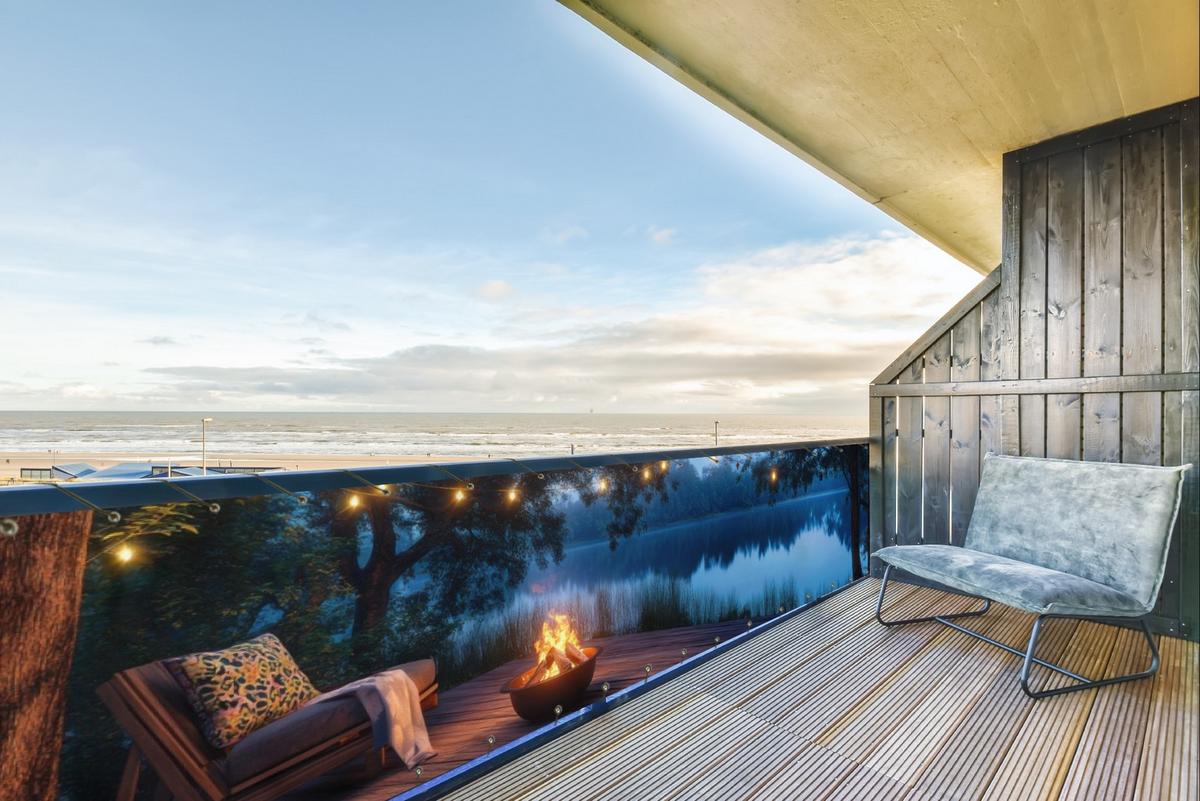 BALKON-SICHTSCHUTZ Lagerfeuer - See - Abendlicht Deko XXL 500x100 cm - Dunkelblau, Kunststoff (500/100cm) - MuchoWow