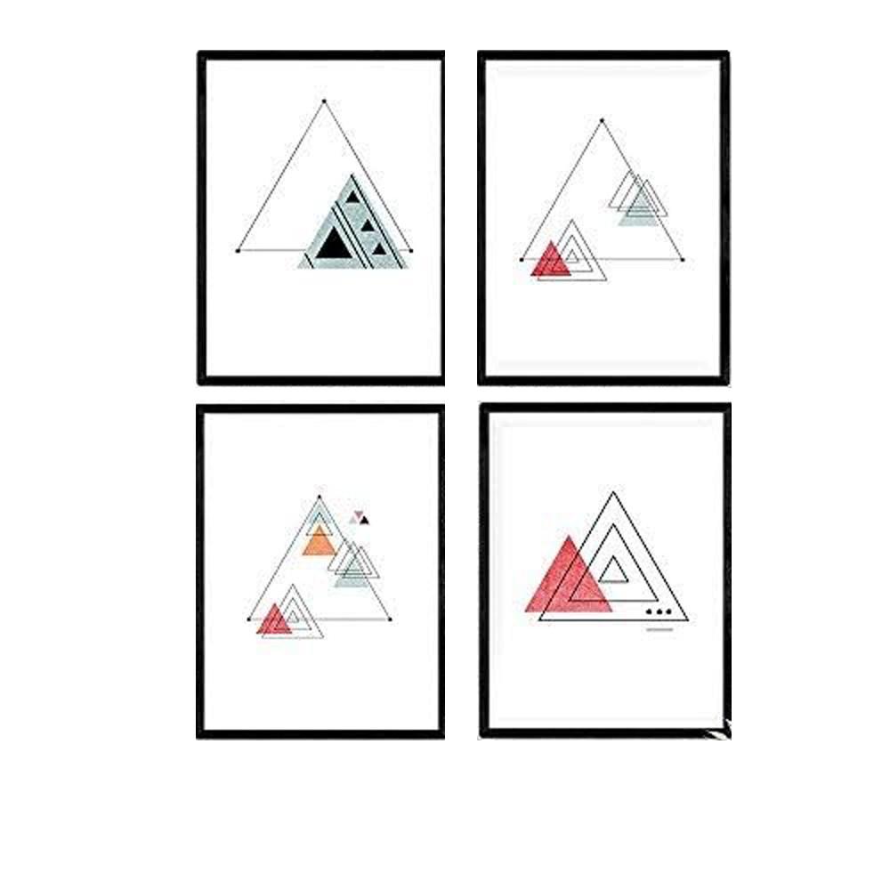 POSTER Set mit 4 Geometrische Nordischer Dreiecken im Rot und Blautönen A4 Schwarzer Rahmen - Schwarz, Papier (29.7/3cm) - Nacnic