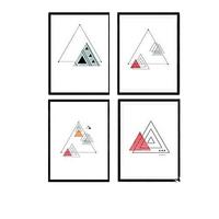 POSTER Set mit 4 Geometrische Nordischer Dreiecken im Rot und Blautönen A4 Schwarzer Rahmen - Schwarz, Papier (29.7/3cm) - Nacnic