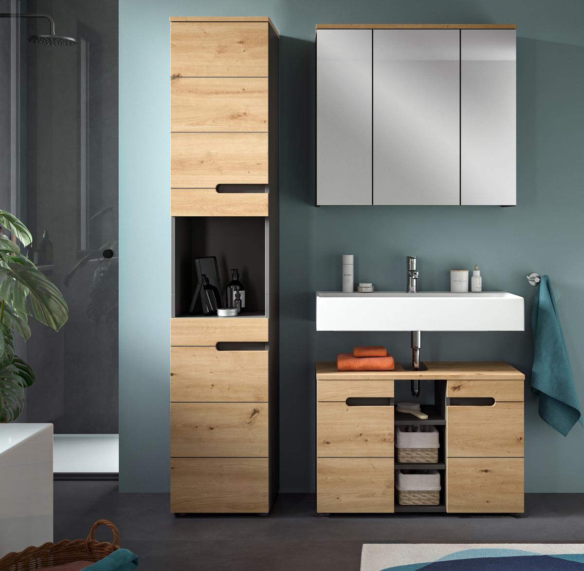 HOCHSCHRANK Eiche, grau 38 x 193 cm, Badschrank mit Soft-Close - Eiche Artisan/Grau, Holzwerkstoff/Kunststoff (38/193/34cm) - Inn.Furn