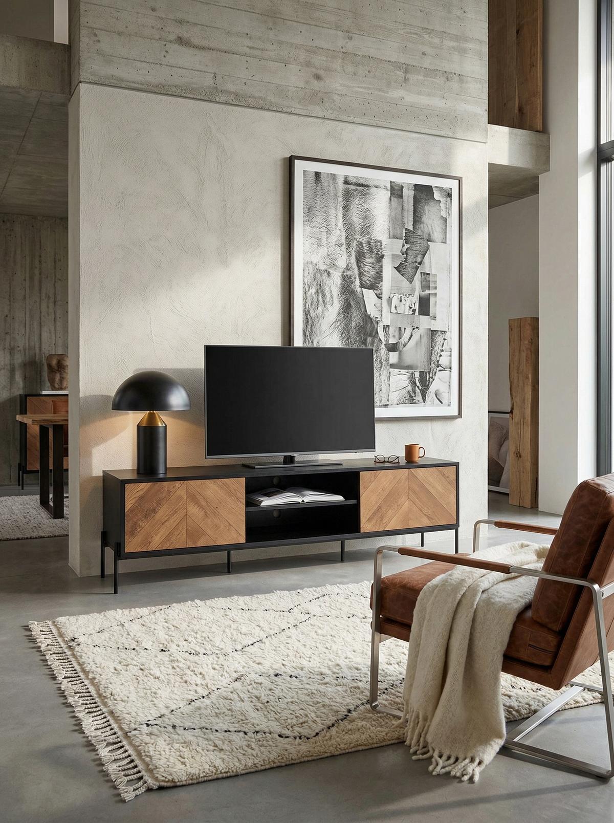 LOWBOARD Modern Stil mit V-Muster für 70-Zoll Fernseher - Schwarz, Holz/Metall (163/45/40cm) - KADIMA DESIGN