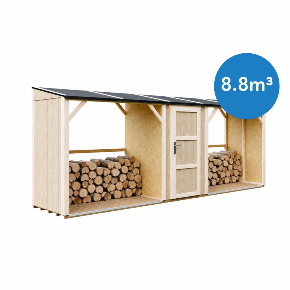 BRENNHOLZLAGER doppelt mit Geräteraum 6,49 m², zwei Brennholzbereiche mit insgesamt ~8,8 m³ Fassungsvermögen - Naturfarben, Holz (118/220/550cm) - Timbela