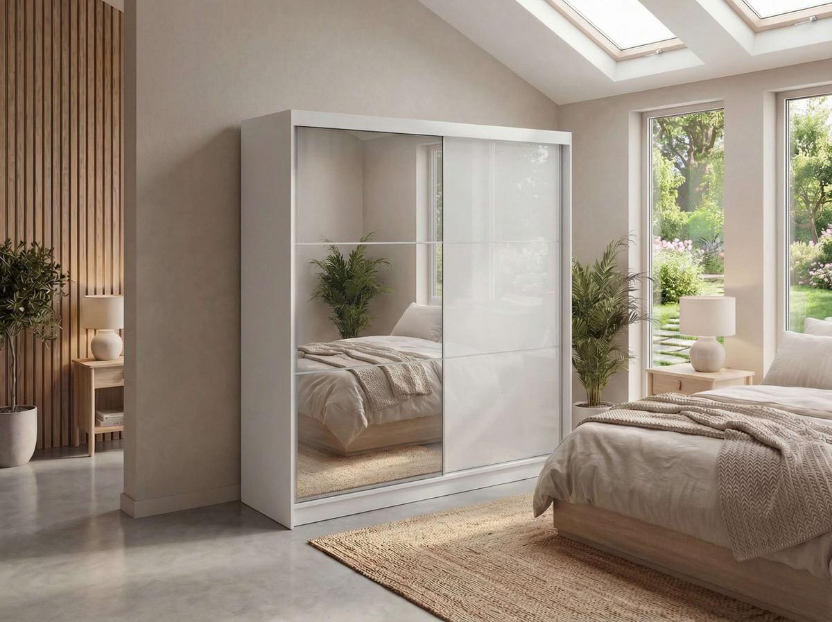 SCHWEBETÜRENSCHRANK mit Spiegel und Schubladen - WALENCJA - 200 - Weiß lacobel - Alufarben/Weiß, Holzwerkstoff/Metall (200/216/61cm) - MKS