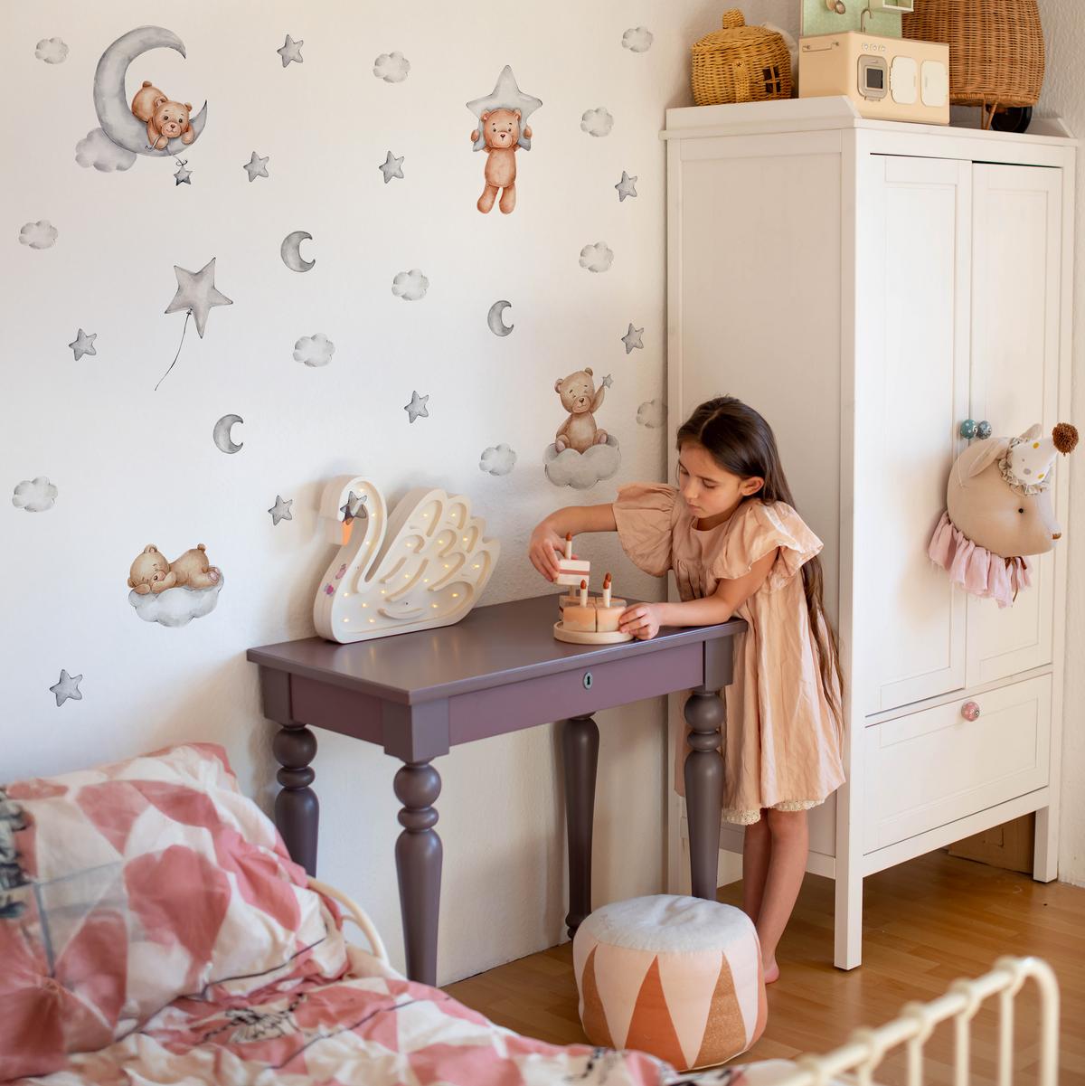 WANDSTICKER SET Teddybären Wolken Sterne Monde 60x30 - Beige/Braun, Papier (60/30/1cm) - Muralo