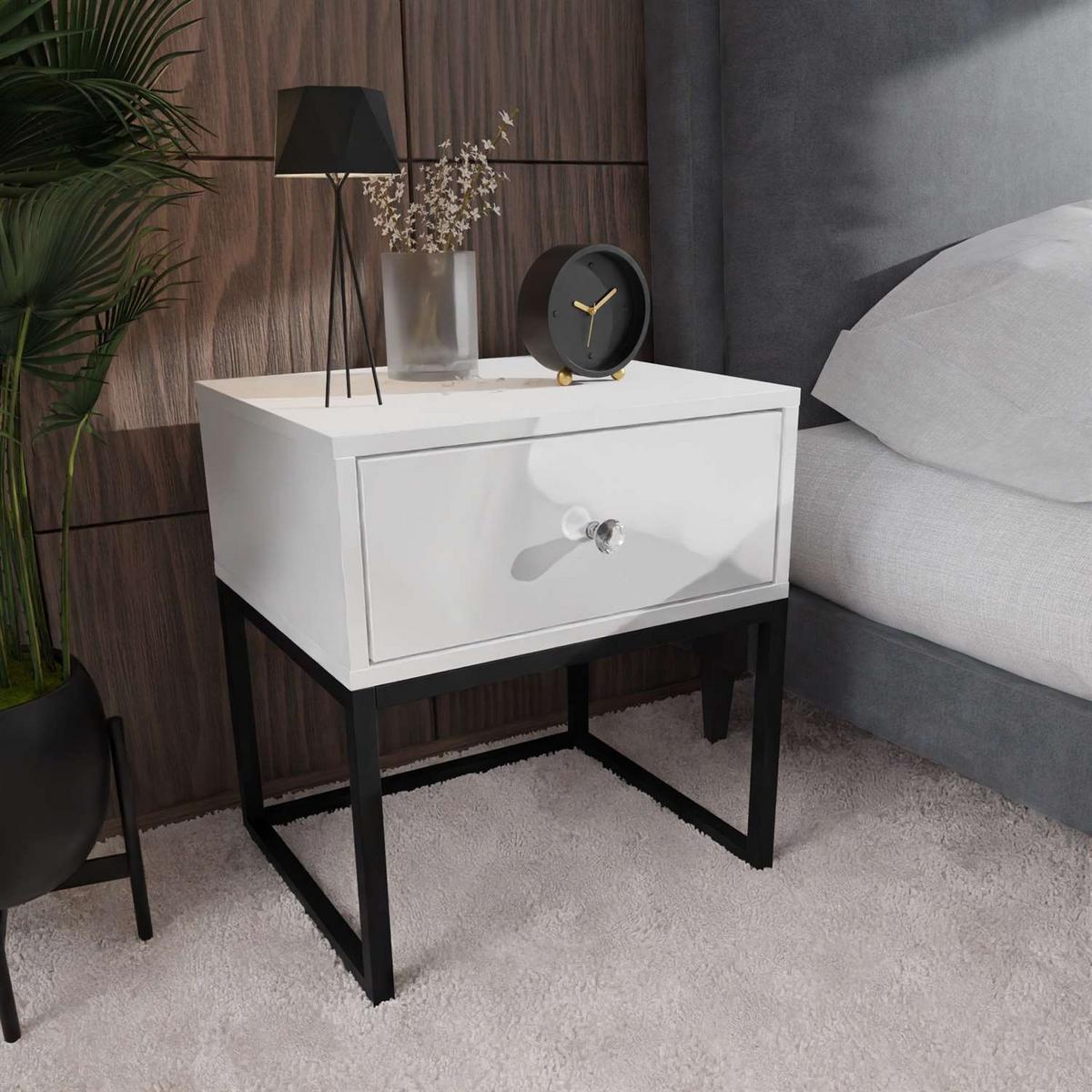 NACHTTISCH BLANCO LOFT Weiß Hochglanz auf schwarzem Gestell Kristallgriff - Weiß Hochglanz, Holzwerkstoff (45/53/37cm) - Lookway