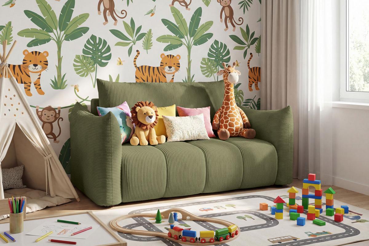 SCHLAFSOFA Lilo mit Bettkasten, Hellgrün Cordstoff 120/86/101 cm - Schwarz/Hellgrün, Kunststoff/Textil (120/86/101cm) - WFL GROUP
