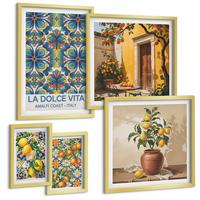 BILDER SET 5er Set - 50x50 cm & 20x30 cm & 40x60 cm Goldrahmen - Zitronen, Blumen, Orangen, Italien - Goldfarben, Kunststoff (40/60cm) - TULUP