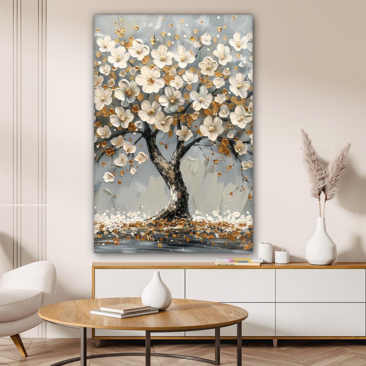 LEINWANDBILD Baum - Blumen - Weiß - Natur - Kunst Deko XXL 80x120 cm - Weiß, Textil (80/120cm) - MuchoWow
