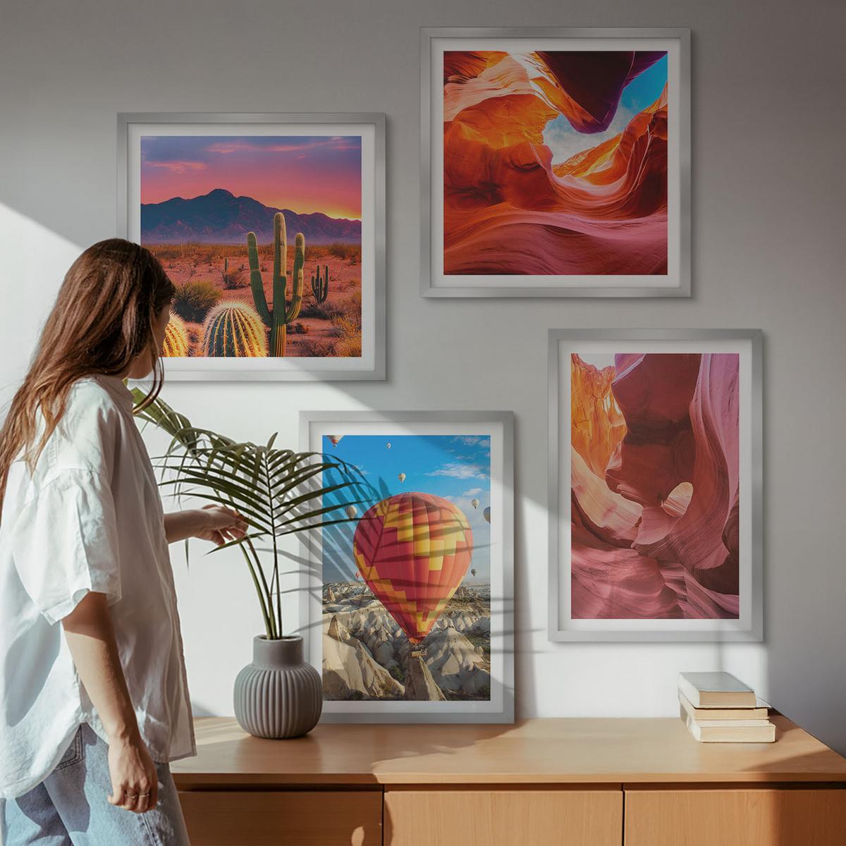 BILDER SET 4er Set - 50x50 cm & 40x60 cm Silberner Rahmen - Landschaften von Wüstenschluchten - Silberfarben, Kunststoff (50/50cm) - TULUP