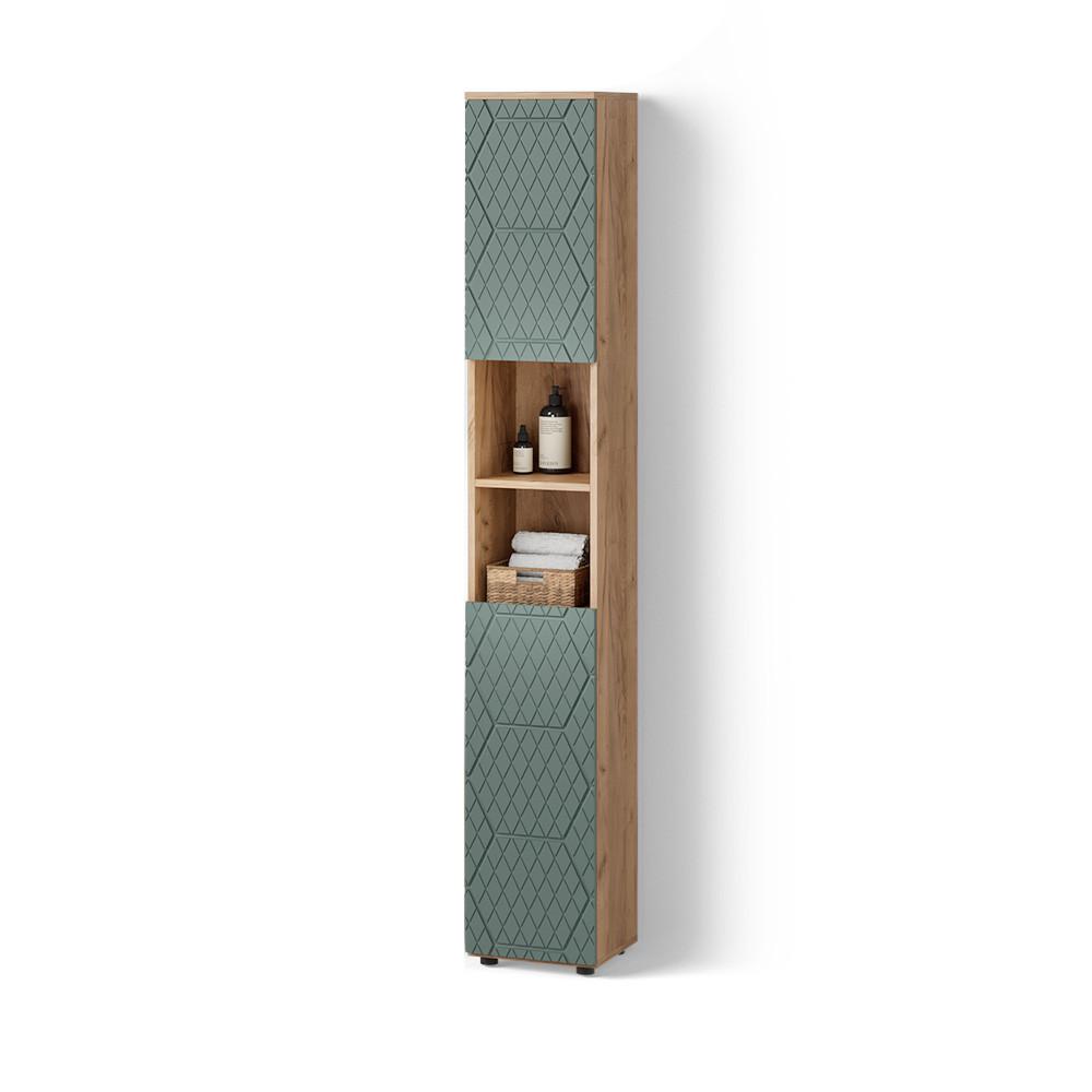 BADSCHRANK Ronco Grün/Goldkraft Eiche 30 x 192 cm - Honigeiche/Grün, Holzwerkstoff (30/192/30cm) - Livinity®