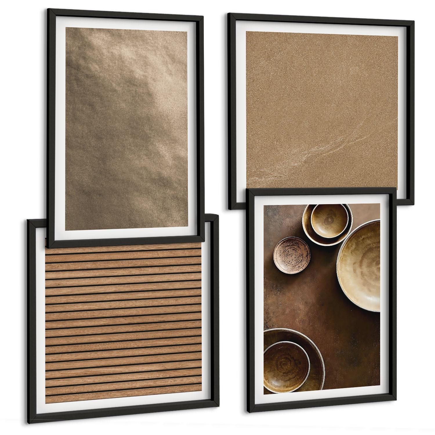 BILDER SET 4er Set - 50x50 cm & 40x60 cm Schwarzer Rahmen - Moderne Steinstrukturen - Schwarz, Kunststoff (50/50cm) - TULUP