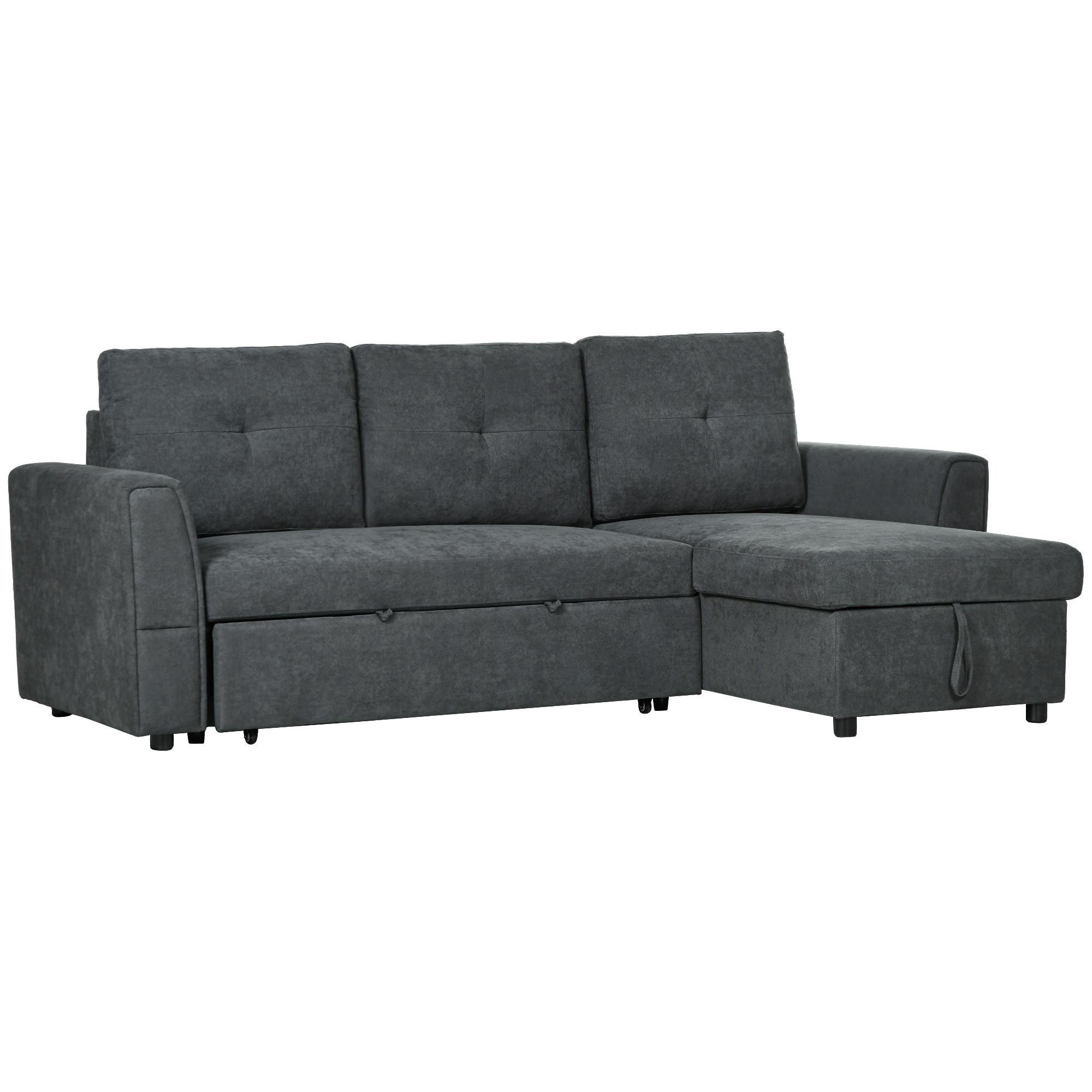 SCHLAFSOFA Ecksofa mit Bettfunktion, 3 Sitzer Couch mit Stauraum, Dunkelgrau - Dunkelgrau/Schwarz, Kunststoff/Textil (141/232cm) - HOMCOM