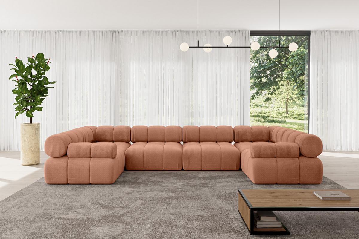 WOHNLANDSCHAFT modulares Sofa Birno-U2 - 380x190x70 cm Apricot Velours - Koralle, Holzwerkstoff/Textil (380/70/190cm) - ALTDECOR