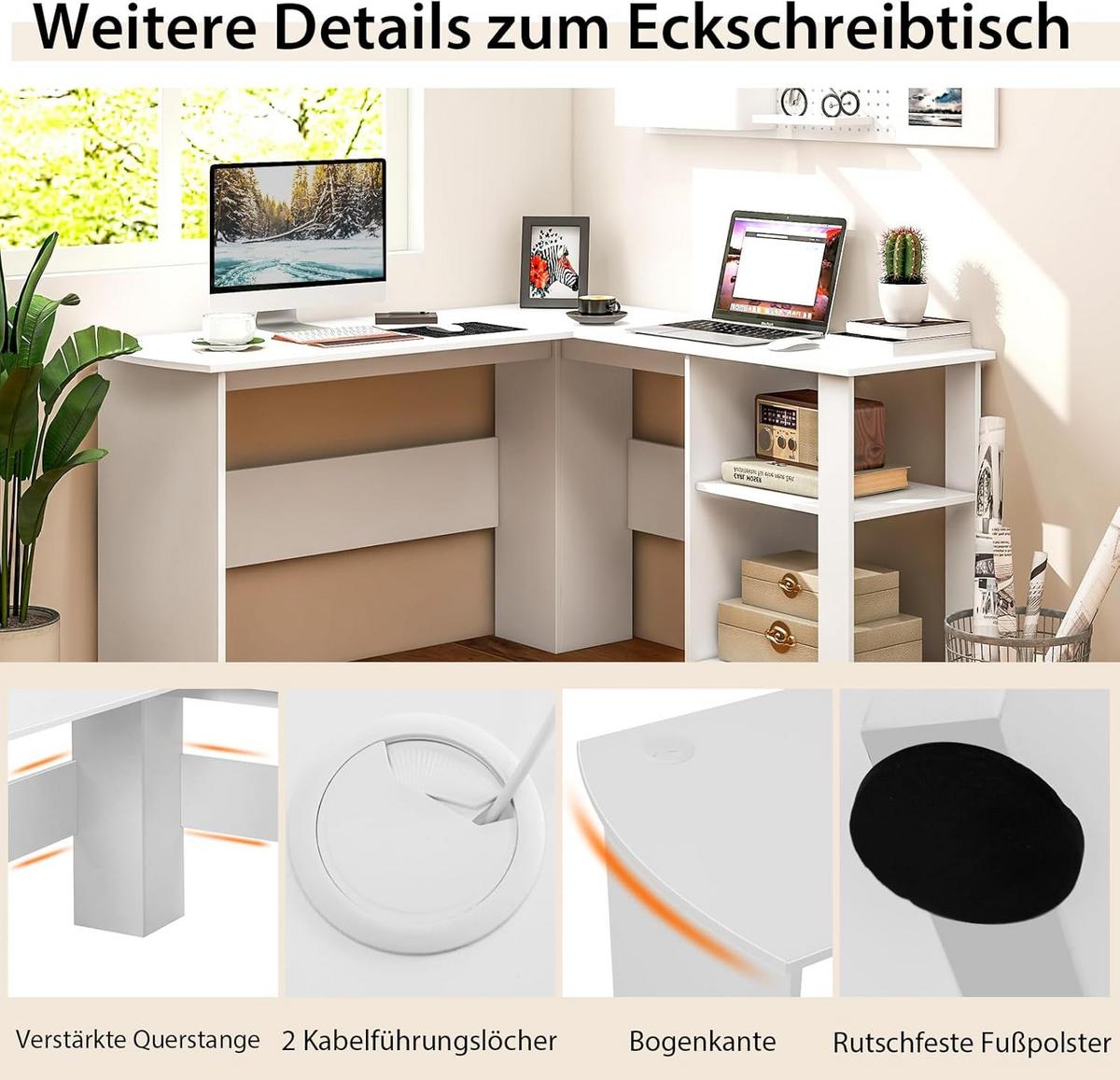 COMPUTERTISCH weiß - Weiß, Holzwerkstoff (130/130/74cm) - COSTWAY