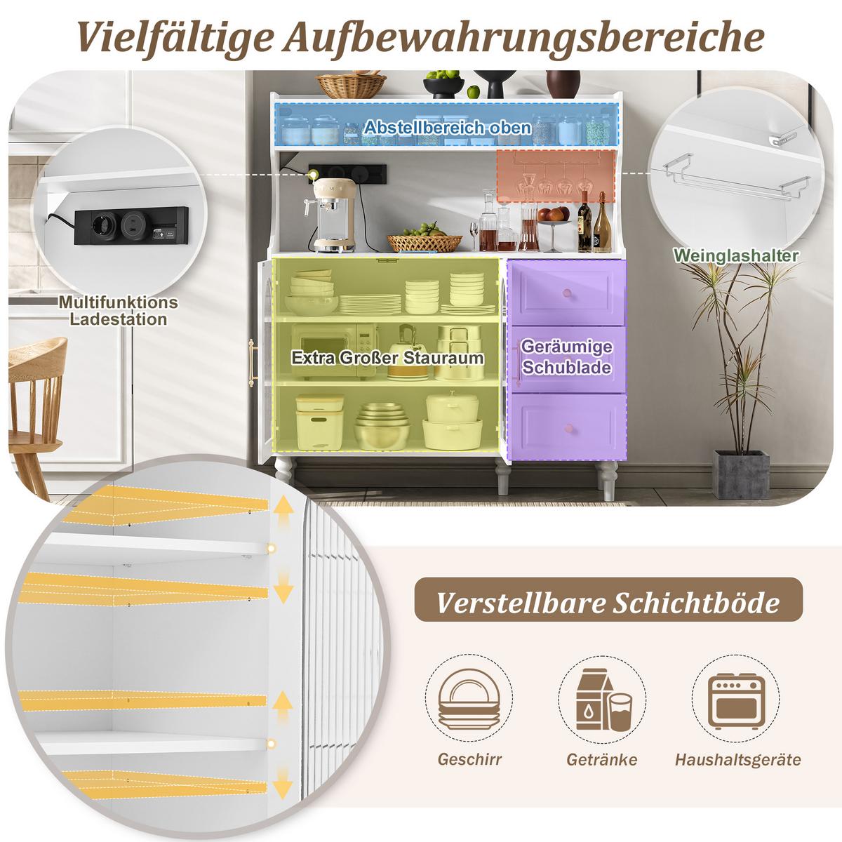 BUFFETSCHRANK mdf in weiß mit riffelglas, ladestation & weinglashalter - Weiß, Holzwerkstoff (120/138.5/40cm) - Urban Meuble