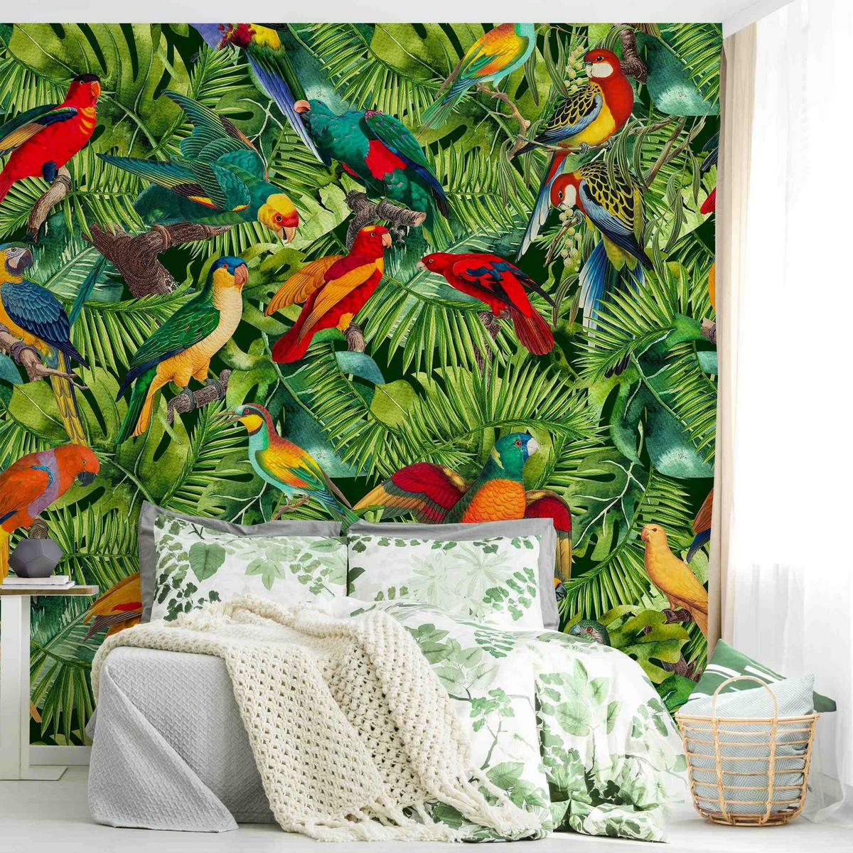 FOTOTAPETE Bunte Collage - Papageien im Dschungel 240/240 cm - Multicolor, Papier (240/240cm) - Bilderwelten