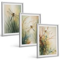 BILDER SET 3er Set - 40x60 cm Silberner Rahmen - Libellengräser über dem Wasser - Silberfarben, Kunststoff (40/60cm) - TULUP