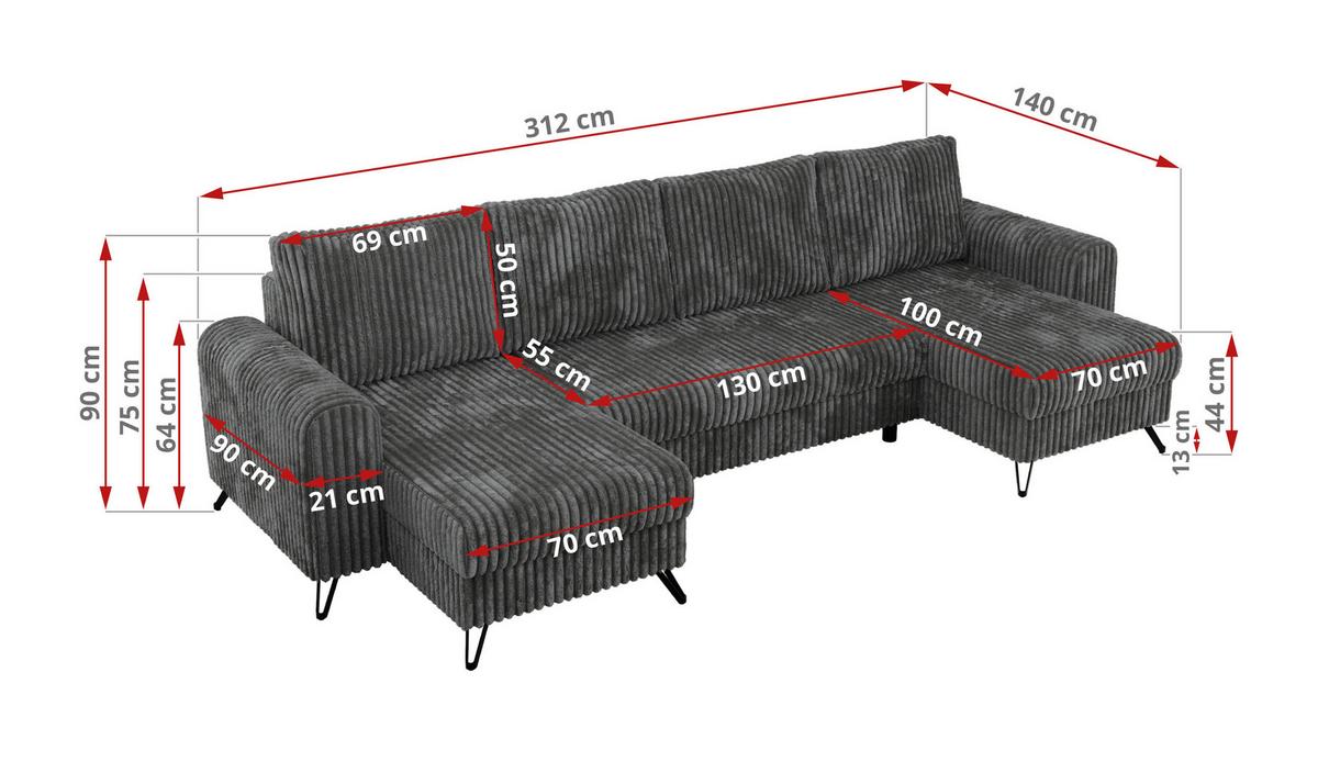 WOHNLANDSCHAFT AXEL U Cord Dunkelgrau - Schwarz/Grau, Textil/Metall (312/90/140cm) - MKS