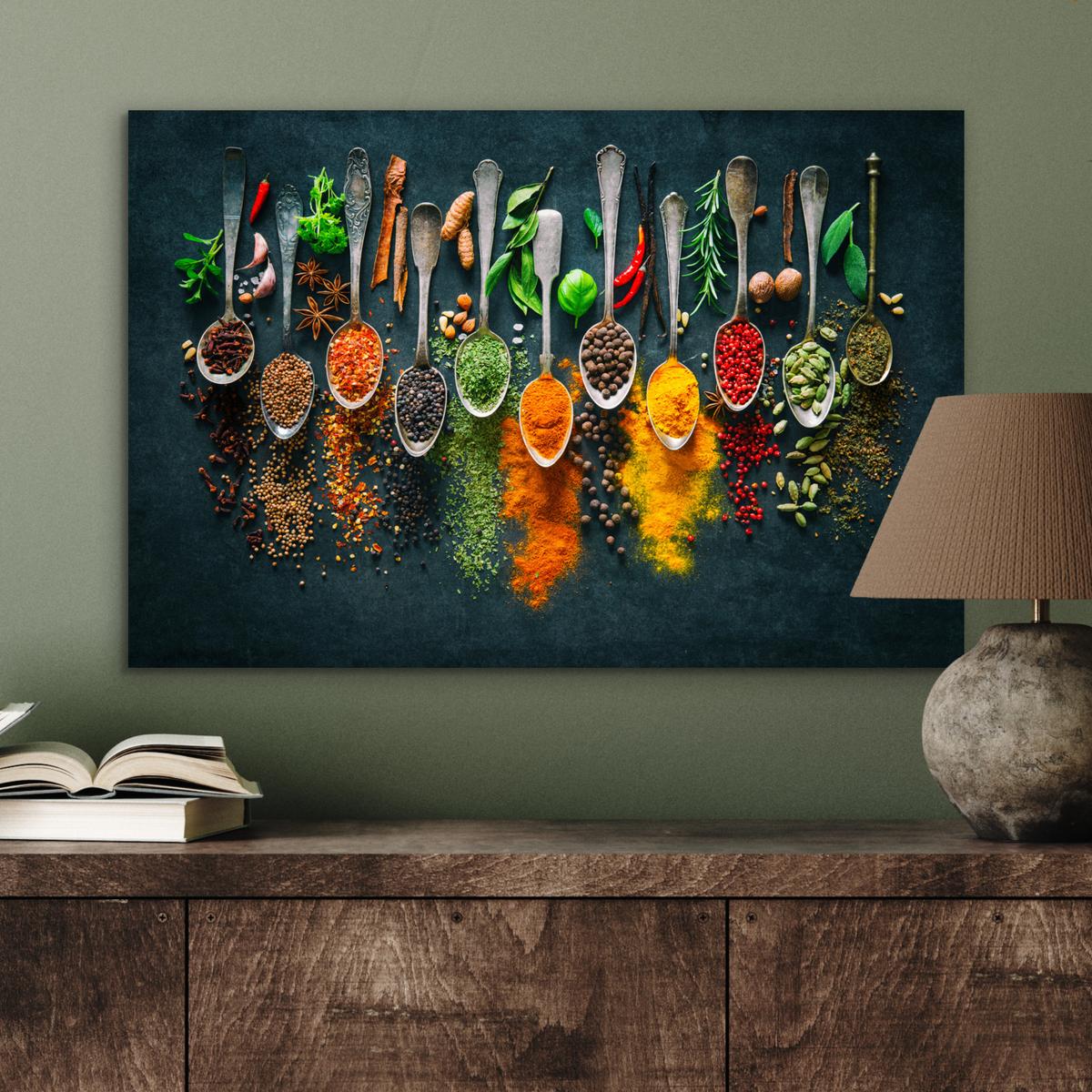 METALLBILD Kräuter - Gewürze - Löffel Wandbild 60x40 cm - Currygelb, Metall (60/40cm) - MuchoWow