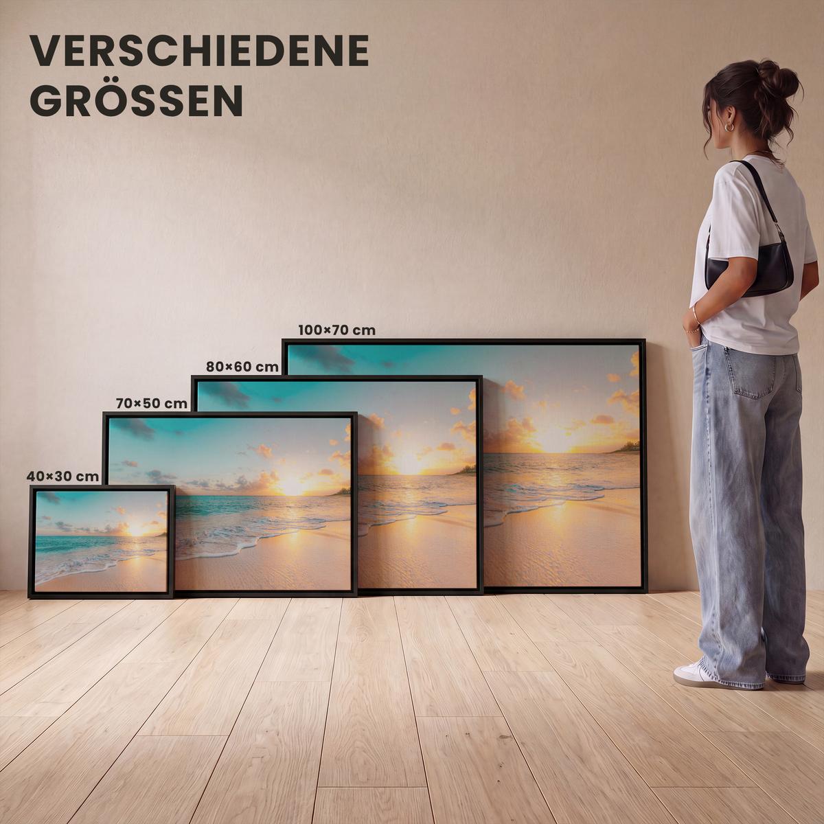 LEINWAND Bilder mit Rahmen - Sonnenuntergang - Strand - Meer - Sommer - Blau - 100x70 - Multicolor, Textil (100/70cm) - MuchoWow