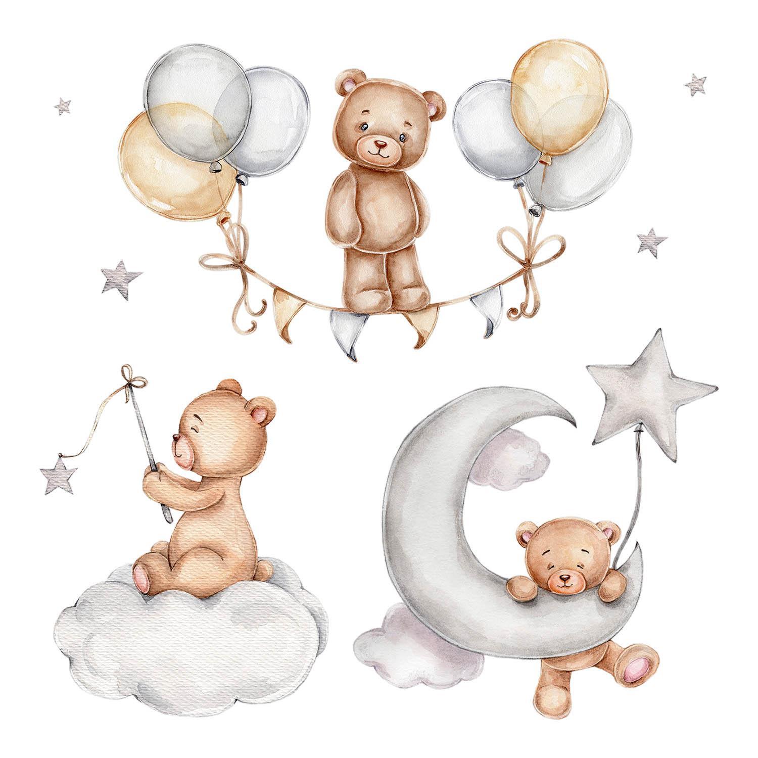 WANDAUFKLEBER 100x146cm - Teddybären und Ballons am Himmel - Multicolor, Kunststoff (100/146/0.1cm) - Wallfluent