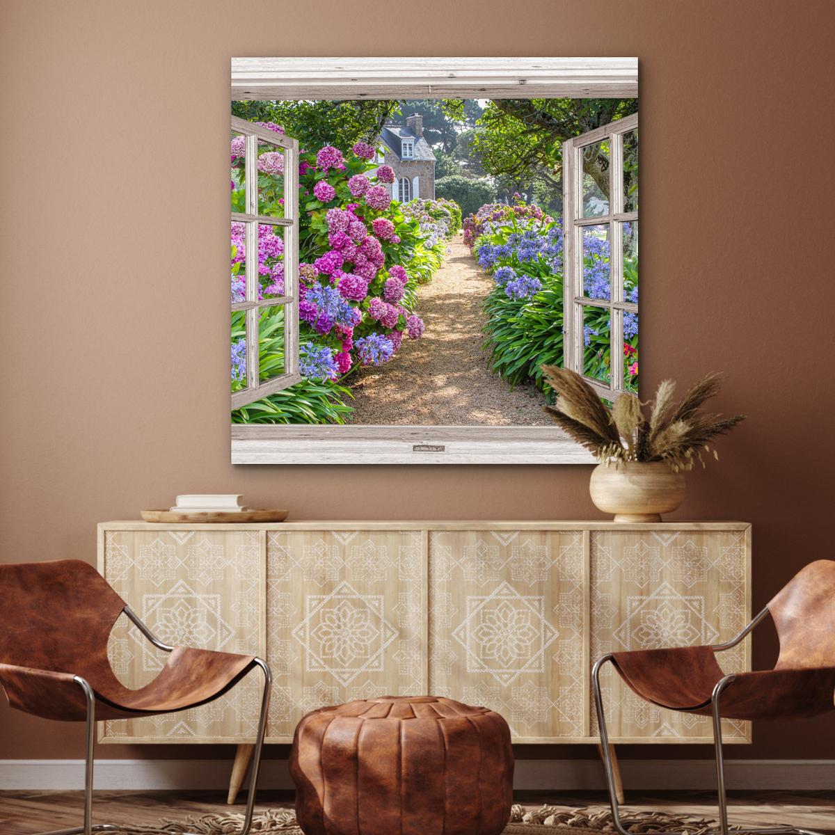 METALLBILD Hortensie - Durchsichtig - Blumen - Sommer - Lila - Weg 90x90 cm - Lila, Metall (90/90cm) - MuchoWow
