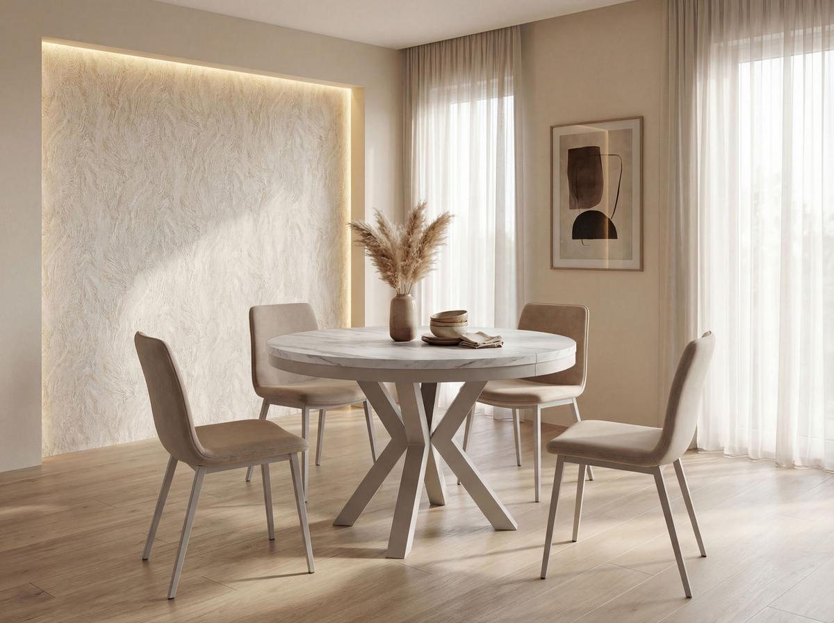 ESSTISCH Clara Grau-Beige runder ausziehbarer, Marmor Weiß 120-200/120/76 cm - Ecru/Greige, Holzwerkstoff/Metall (120/196/76cm) - WFL GROUP