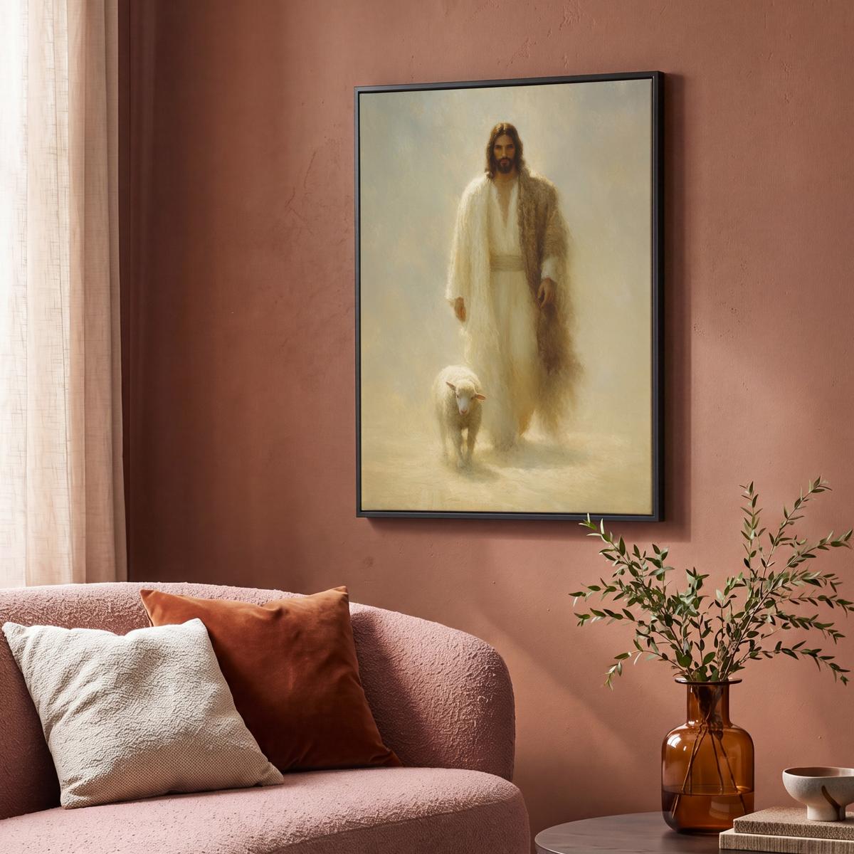 LEINWAND Bilder mit Rahmen - Schaf - Jesus - Pinselstriche - Abstrakt - 70x100 - Beige, Textil (70/100cm) - MuchoWow