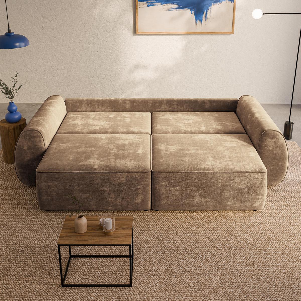BETTSOFA ZEFEO Beige Chenille-Stoff mit Schlaffunktion - Beige, Textil (264/96/106cm) - MASSENO