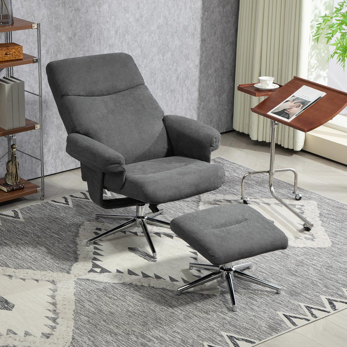 RELAXSESSEL mit Hocker, Gepolstert Fernsehsessel mit Liegefunktion, Liegesessel - Dunkelgrau, Kunststoff (78/106/85cm) - HOMCOM