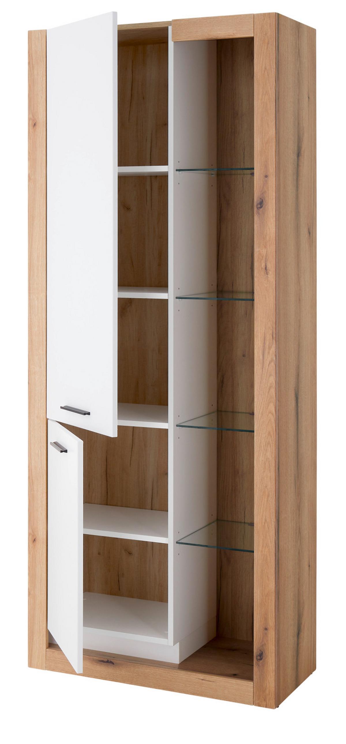 VITRINE weiß matt, Evoke Eiche, Vitrinenschrank 80 x 195 cm - Eichefarben/Silberfarben, Glas/Holzwerkstoff (80/195/37cm) - Furn.Design