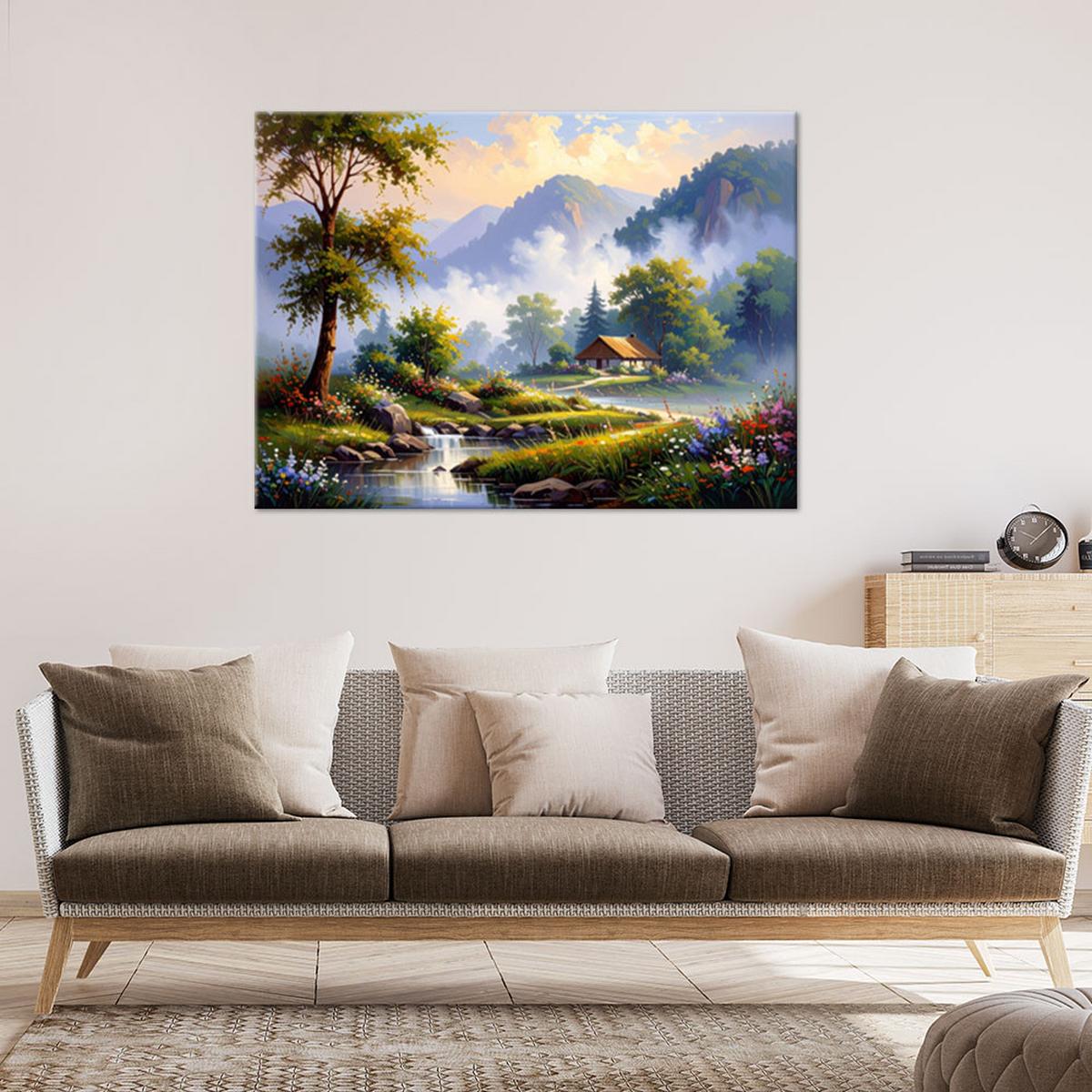 WANDBILD, Häuschen in den Bergen Landschaft Fluss - Grün, Textil (100/70cm) - Feeby