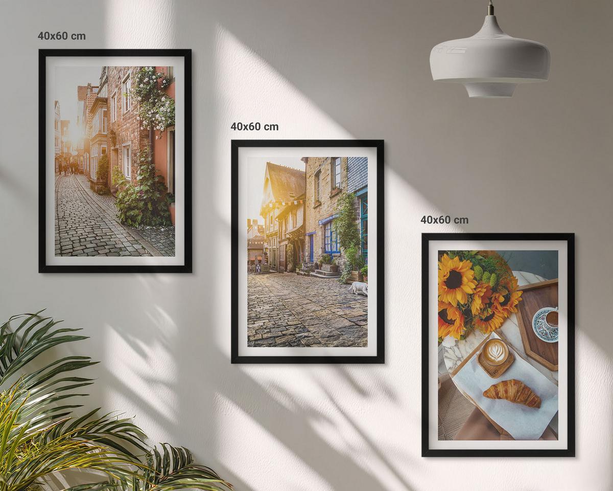 BILDER SET 3er Set - 40x60 cm Schwarzer Rahmen - Straßenkaffee Sonnenblumen - Schwarz, Kunststoff (40/60cm) - TULUP