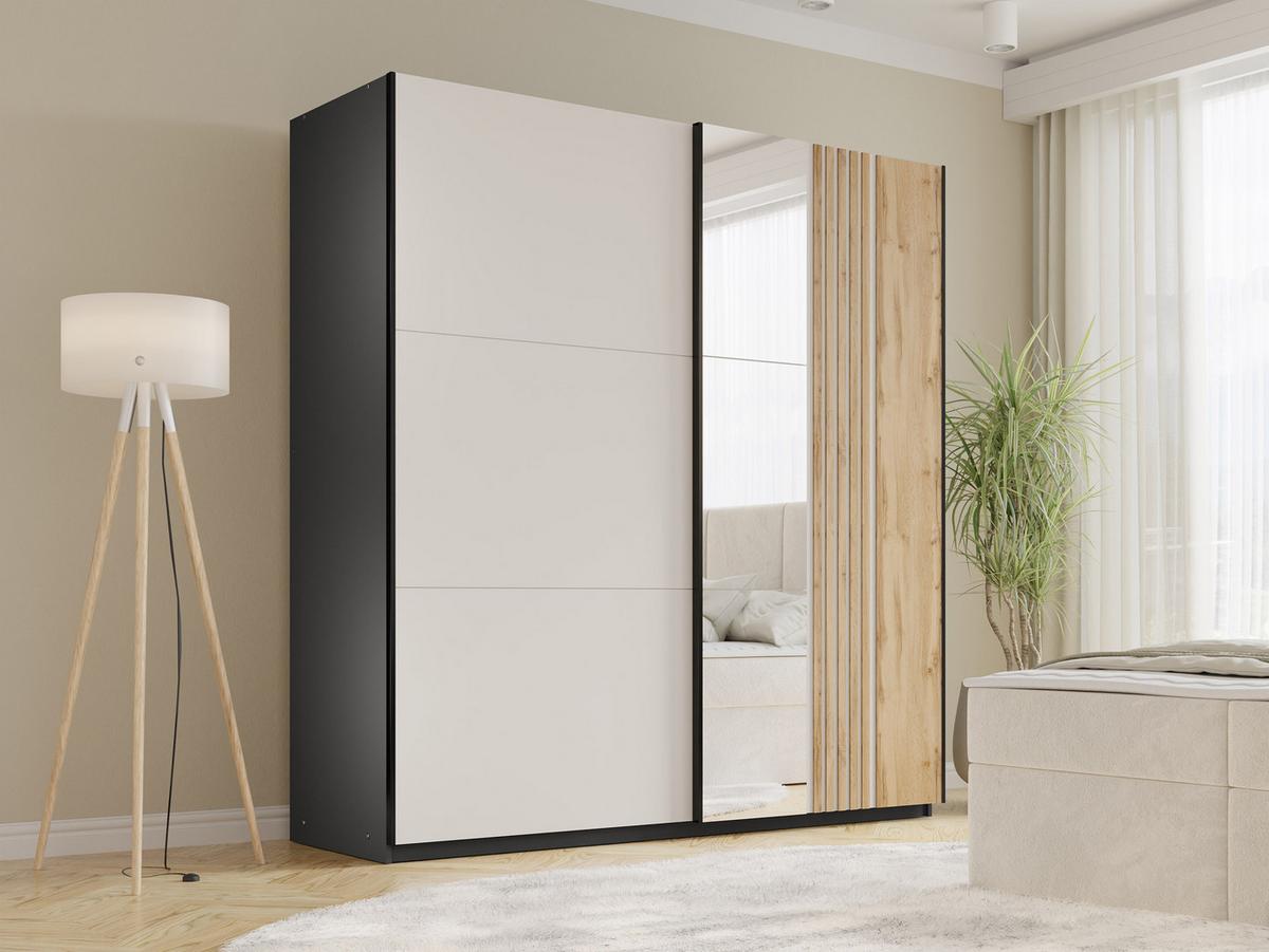 SCHIEBETÜRENSCHRANK Evora 203 - Kaschmir/Schwarz, Holzwerkstoff/Kunststoff (203/215/65cm) - MIRJAN24
