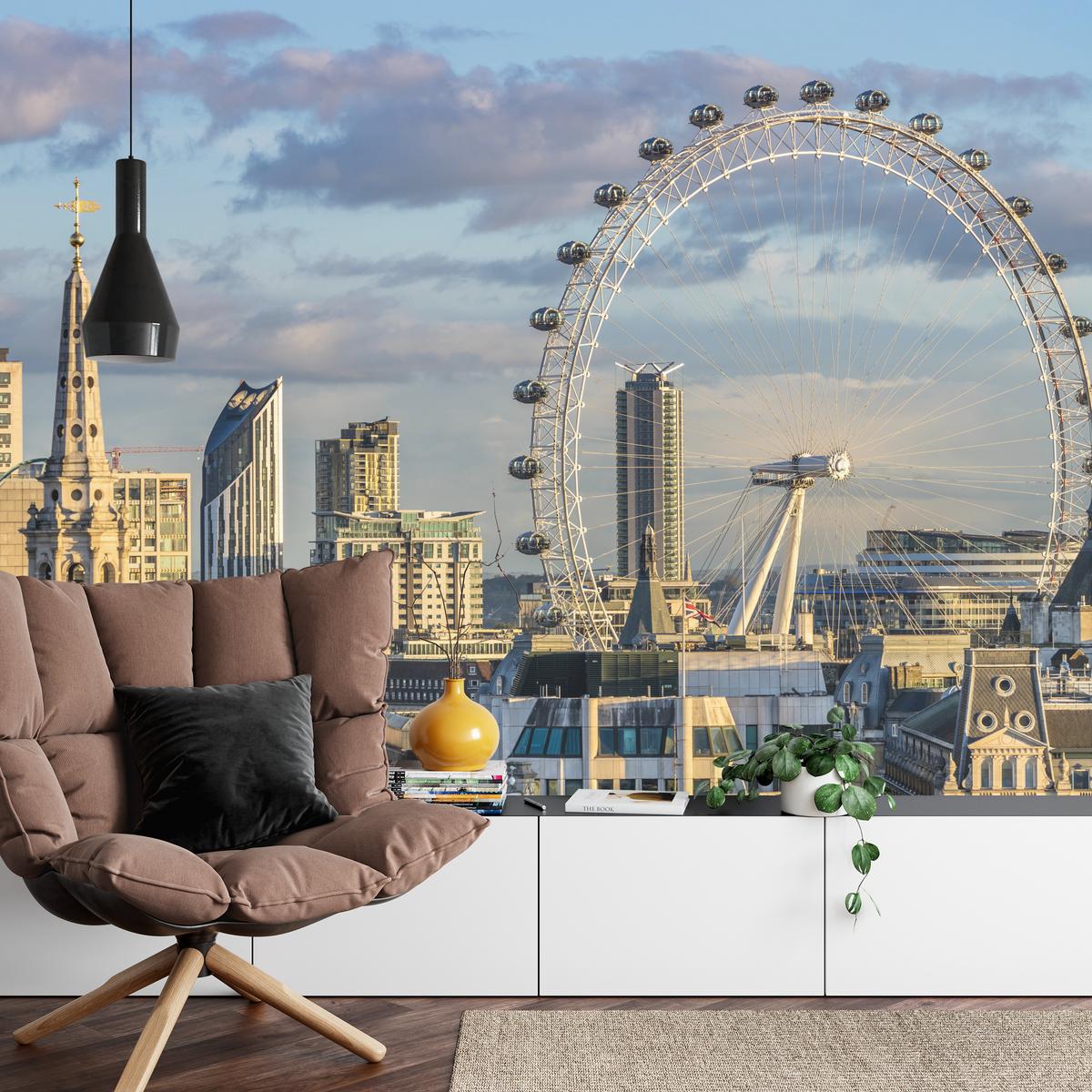 FOTOTAPETE für Schlafzimmer London Eye Skyline Wolkenkratzer Stadt 400x280 - Blau/Beige, Papier (400/280cm) - Muralo