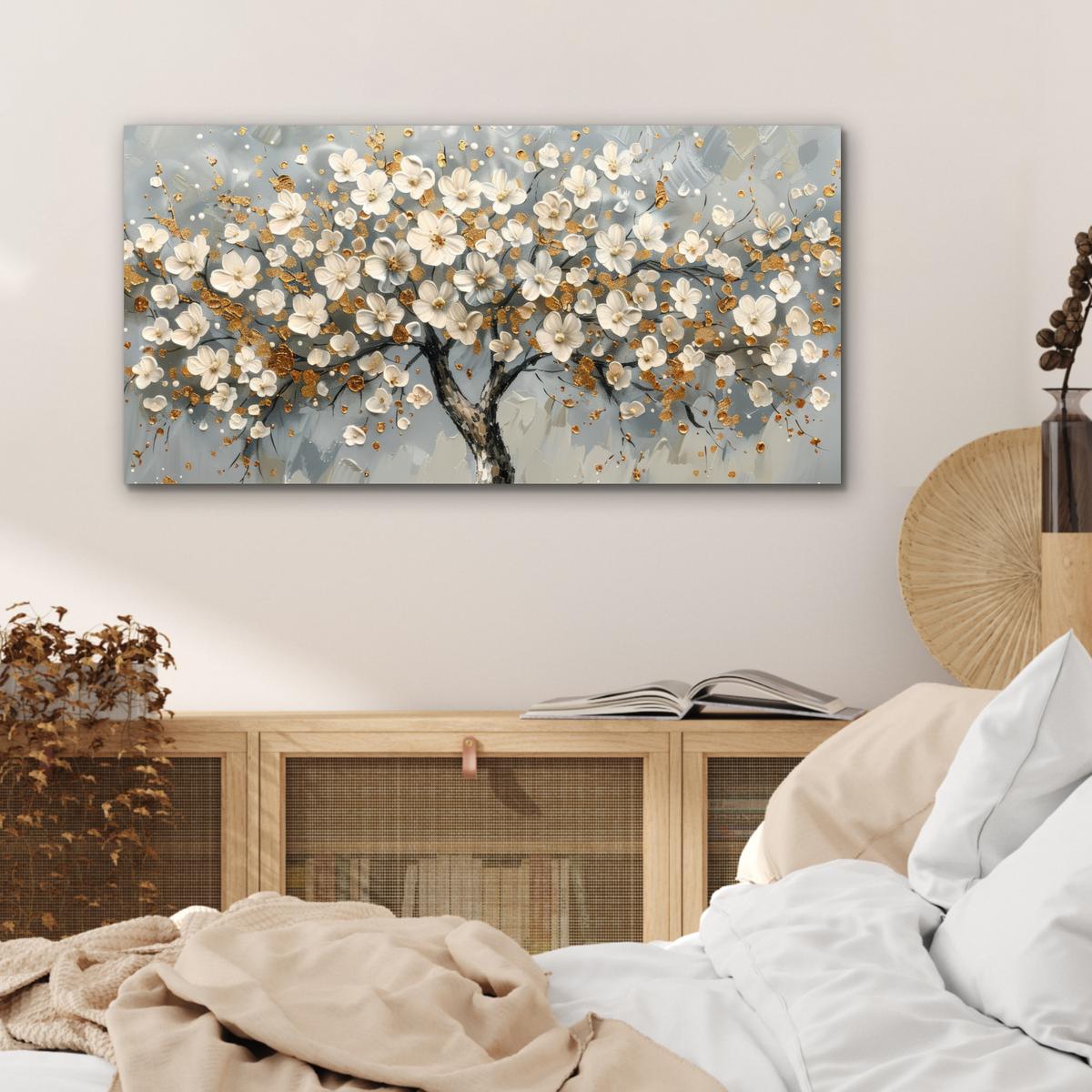 METALLBILD Baum - Blumen - Weiß - Natur - Kunst 80x40 cm - Weiß, Metall (80/40cm) - MuchoWow