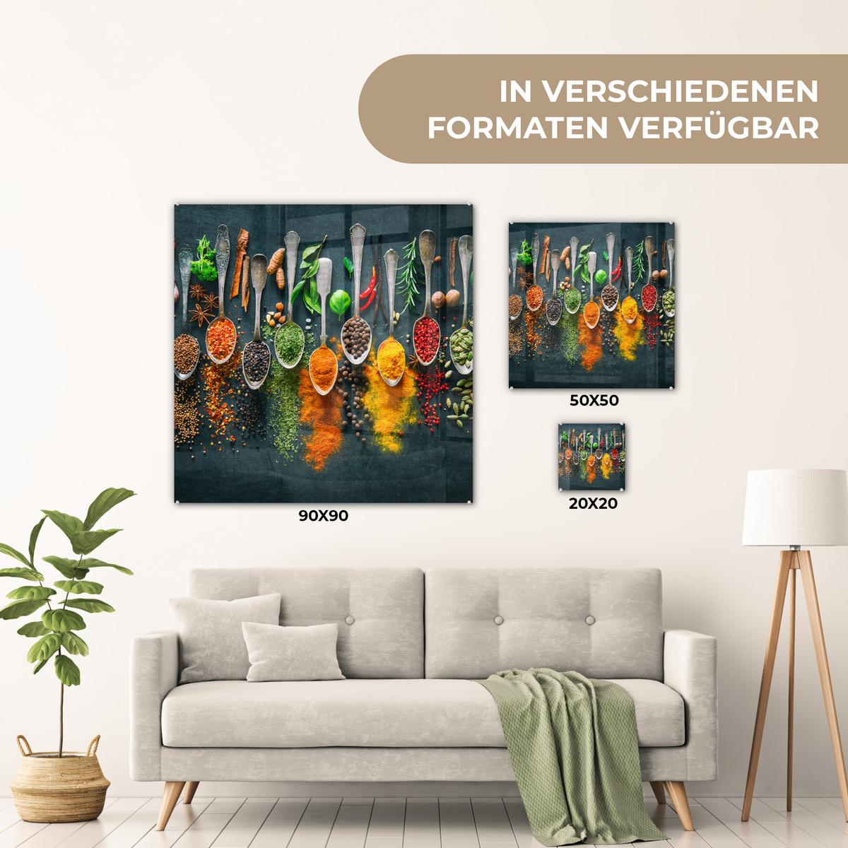 ACRYLGLASBILD Kräuter - Gewürze - Löffel 90x90 cm - Currygelb, Glas (90/90cm) - MuchoWow