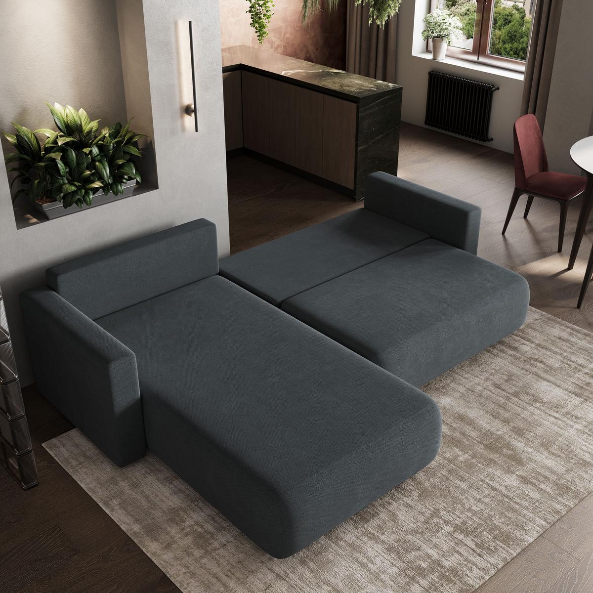 ECKSOFA TURIN Graphitfarben Geflochtener Stoff mit Schlaffunktion - Graphitfarben, Holz (265/183cm) - MASSENO