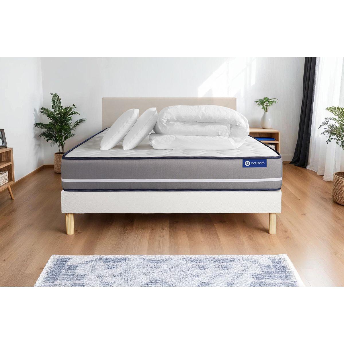 BETT Actiflex pur Taschenfederkern 160 x 200 cm h3 - Kit Bettgestell Weiß - Mit Kissen und Bettdecke - Beige/Weiß, Karton/Holz (160/200cm) - ACTISOM